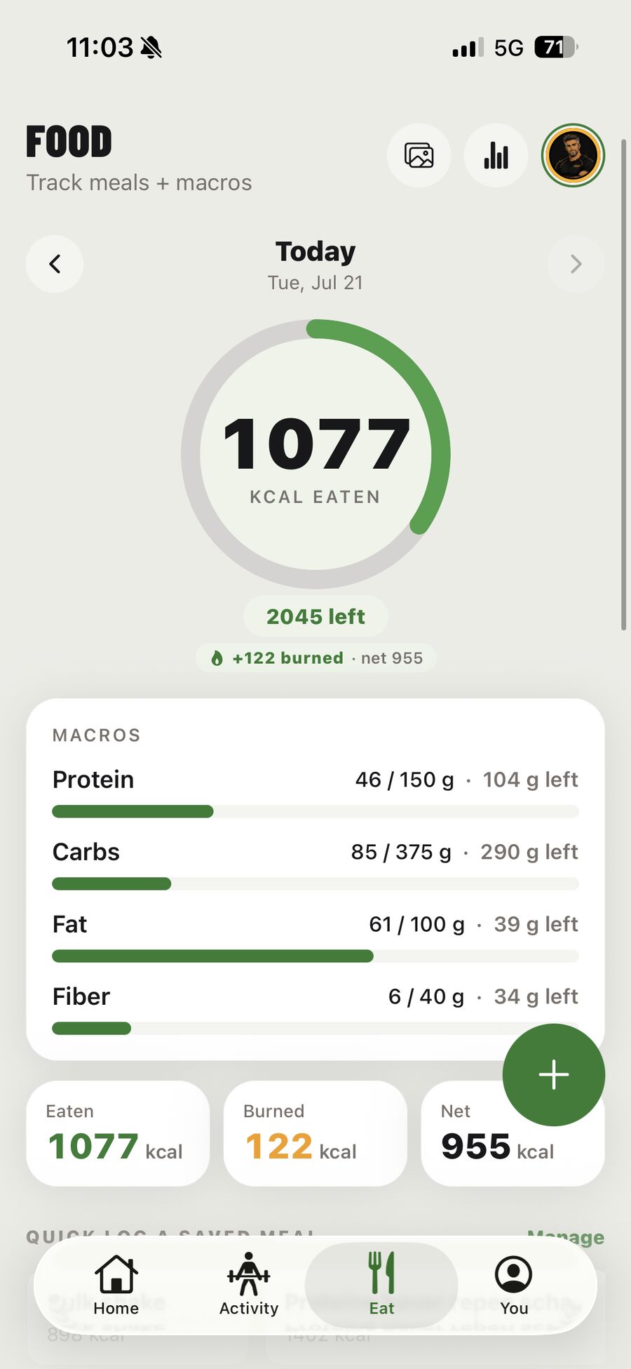 The Eat tab with the calorie ring and macro bars