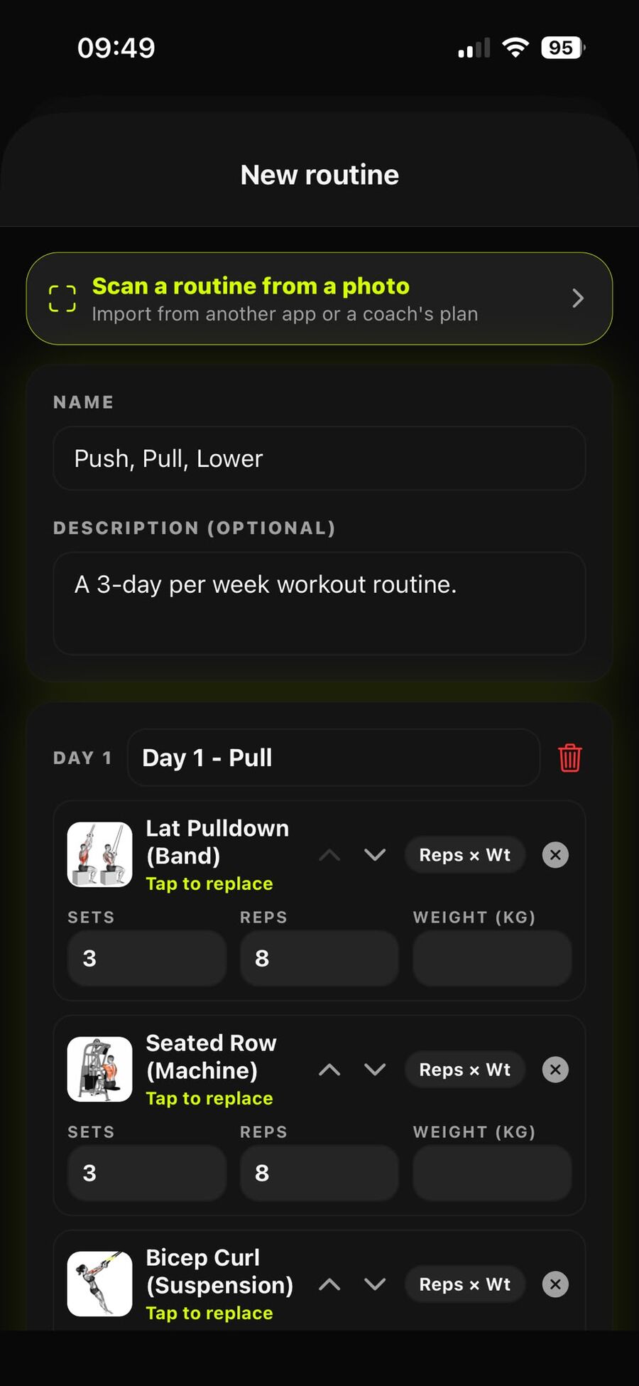 Een gescande routine ingevuld in de routine-builder van Rep N Prep