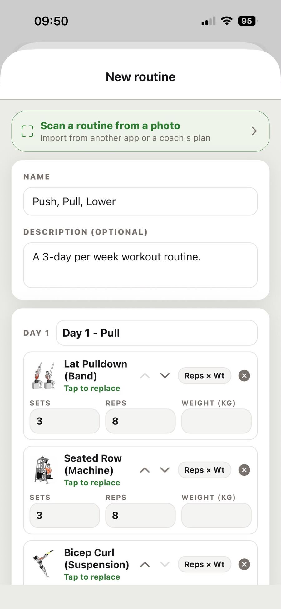 Een gescande routine ingevuld in de routine-builder van Rep N Prep